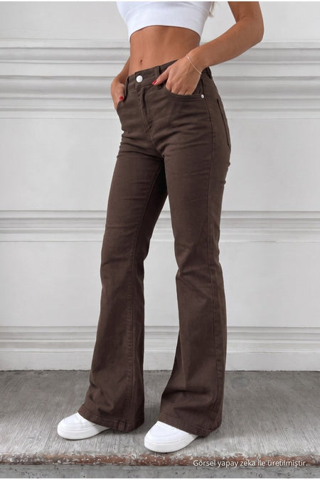 Distressed Wash High Waist Flare/Spanish Denim Jeans Brown - MALLTURK