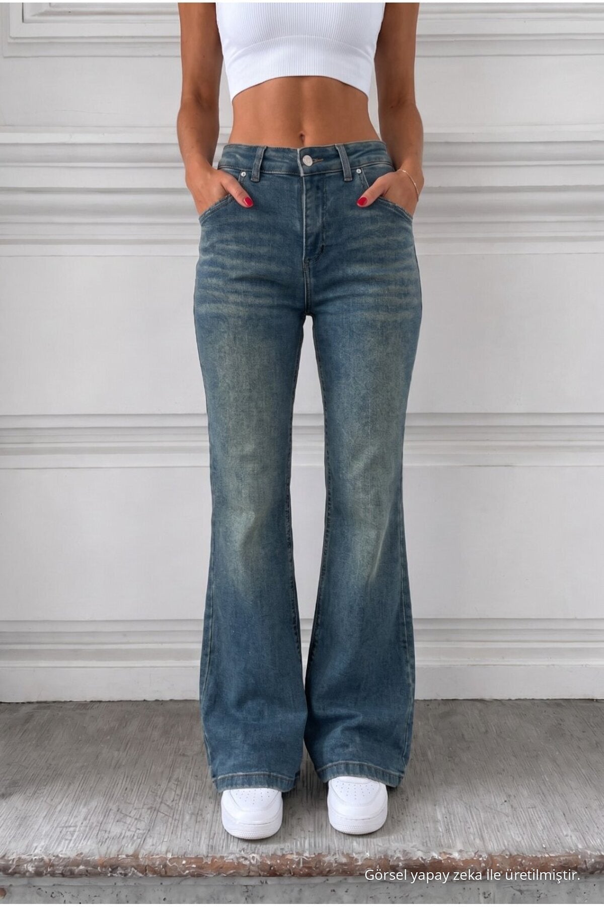 Distressed Wash High Waist Flare/Spanish Denim Jeans Dark Blue - MALLTURK