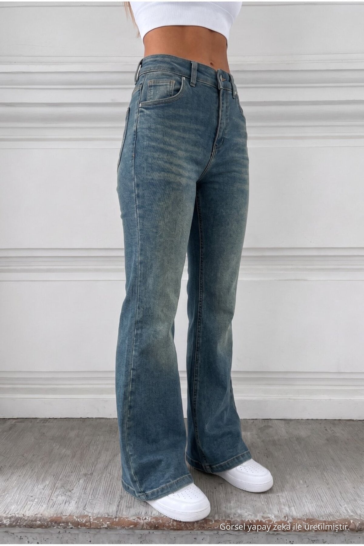 Distressed Wash High Waist Flare/Spanish Denim Jeans Dark Blue - MALLTURK