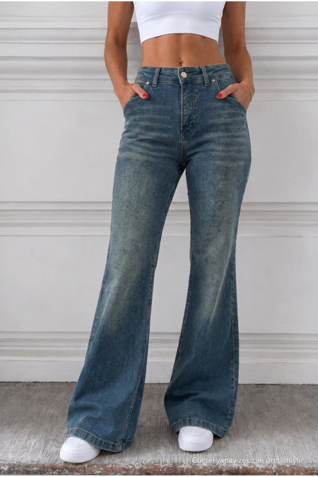 Distressed Wash High Waist Flare/Spanish Denim Jeans Dark Blue - MALLTURK