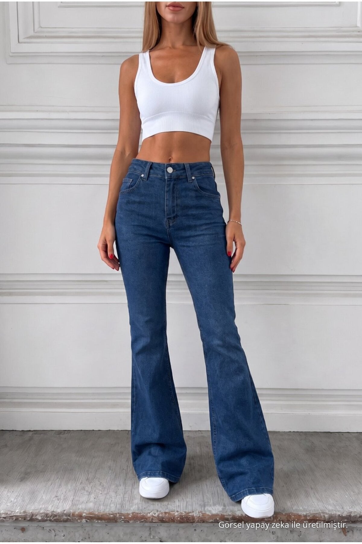 Distressed Wash High Waist Flare/Spanish Denim Jeans Navy Blue - MALLTURK