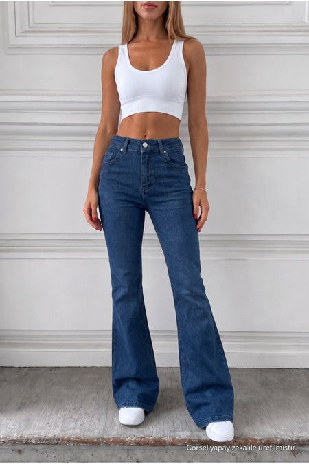 Distressed Wash High Waist Flare/Spanish Denim Jeans Navy Blue - MALLTURK