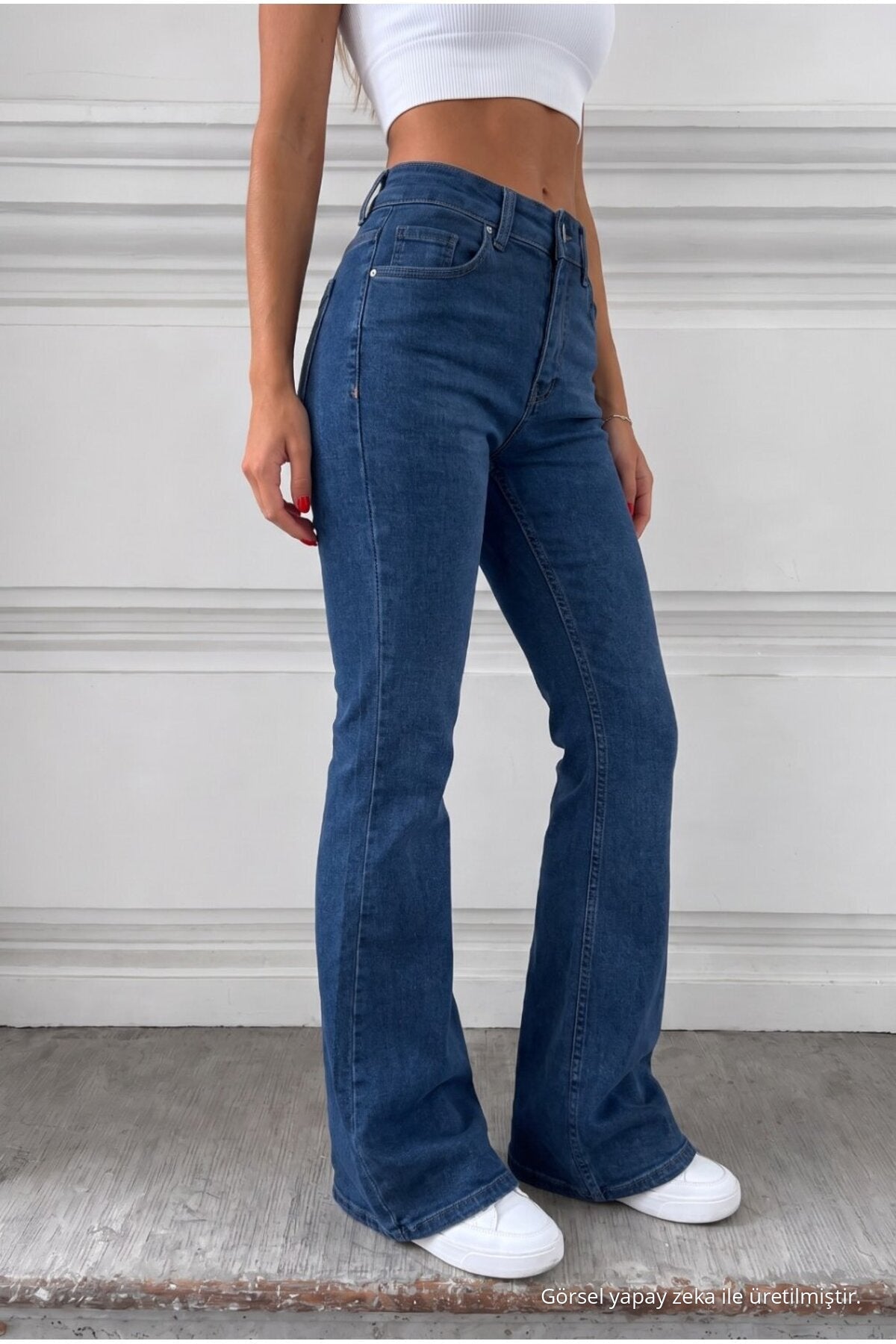 Distressed Wash High Waist Flare/Spanish Denim Jeans Navy Blue - MALLTURK
