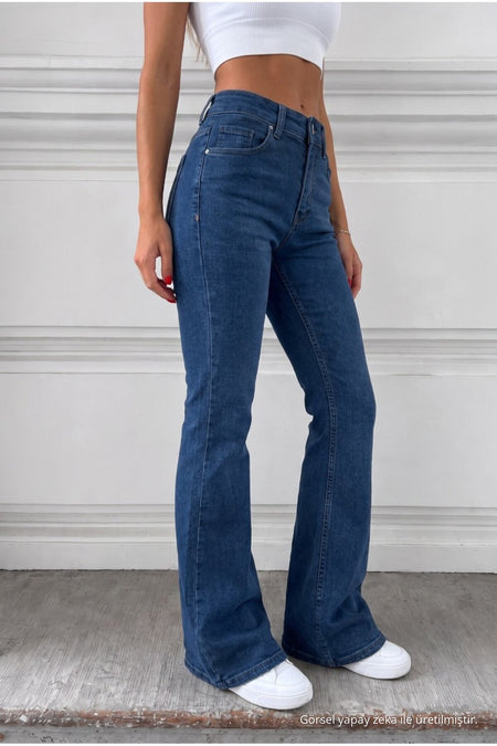 Distressed Wash High Waist Flare/Spanish Denim Jeans Navy Blue - MALLTURK