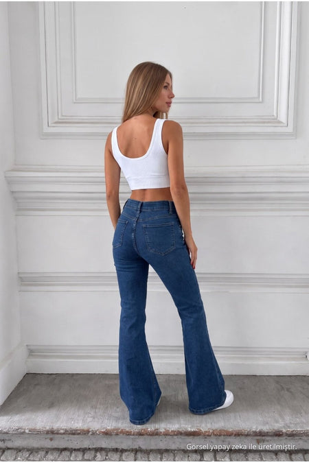Distressed Wash High Waist Flare/Spanish Denim Jeans Navy Blue - MALLTURK
