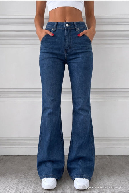 Distressed Wash High Waist Flare/Spanish Denim Jeans Navy Blue - MALLTURK