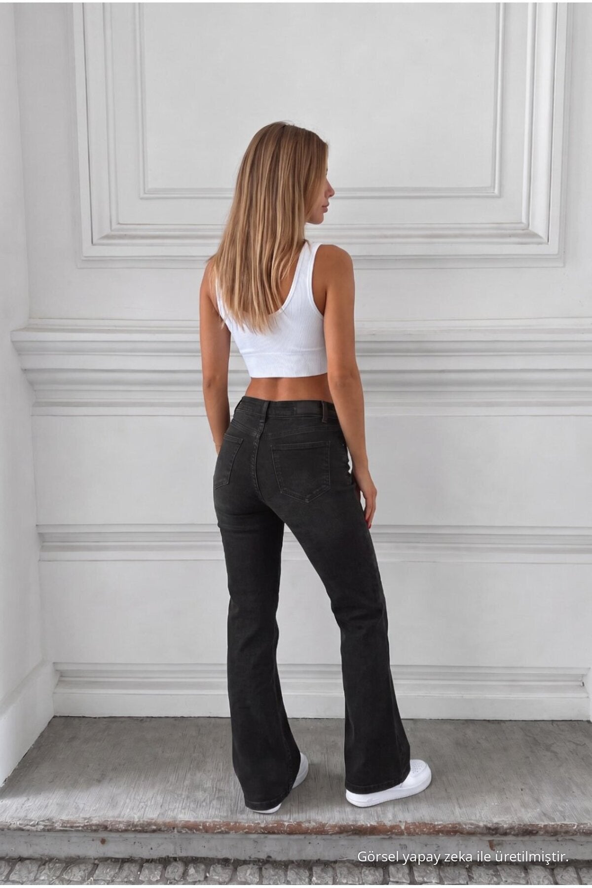 Distressed Wash High Waist Flare/Spanish Denim Jeans with Black Effect - MALLTURK