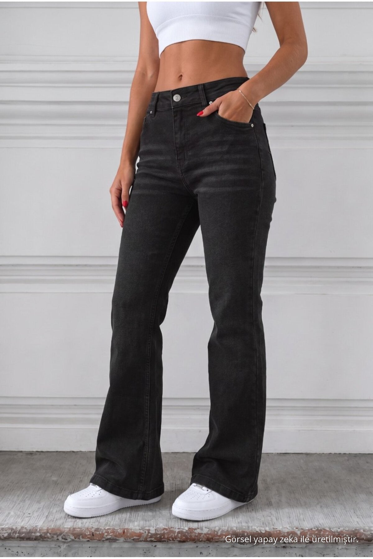 Distressed Wash High Waist Flare/Spanish Denim Jeans with Black Effect - MALLTURK