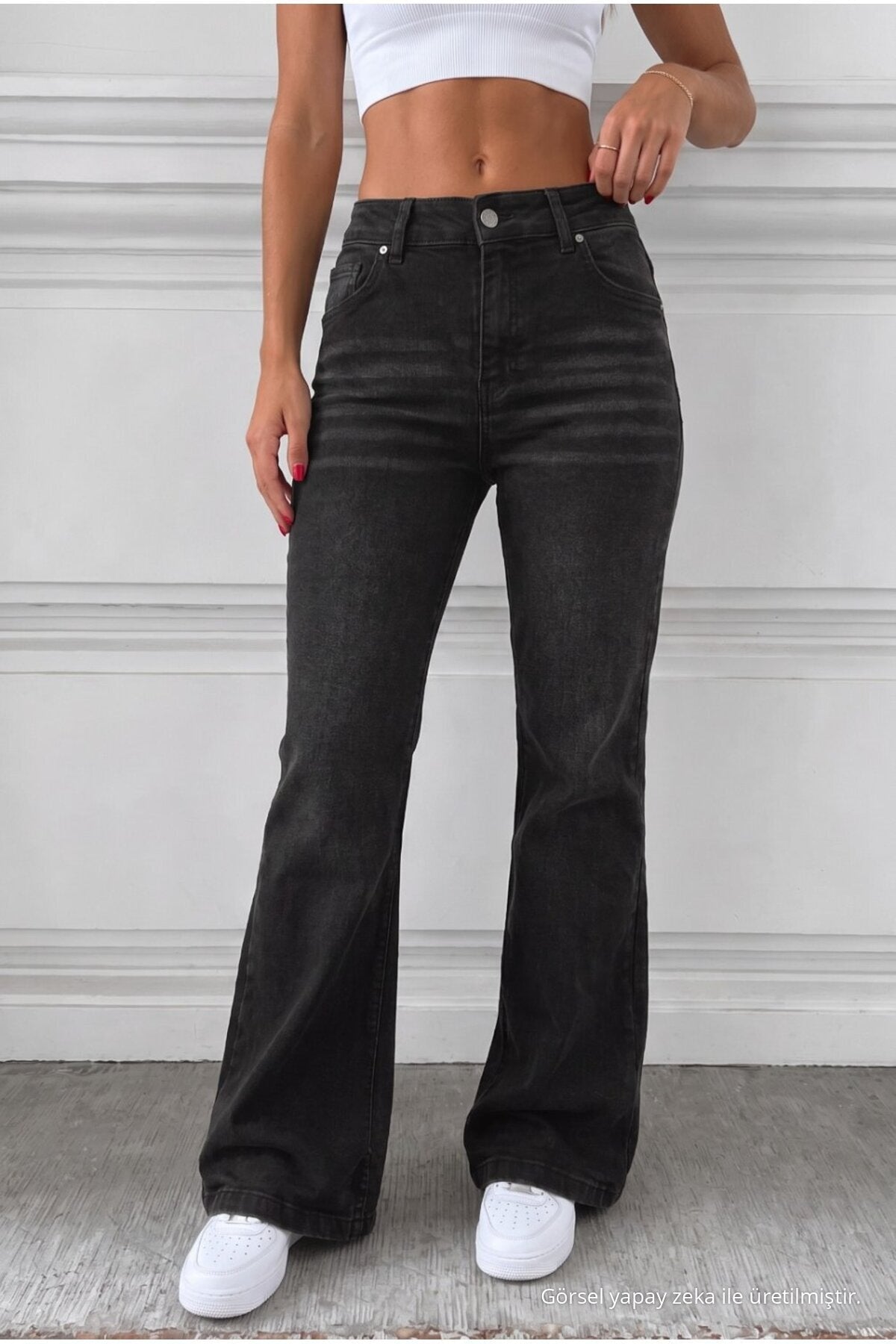 Distressed Wash High Waist Flare/Spanish Denim Jeans with Black Effect - MALLTURK