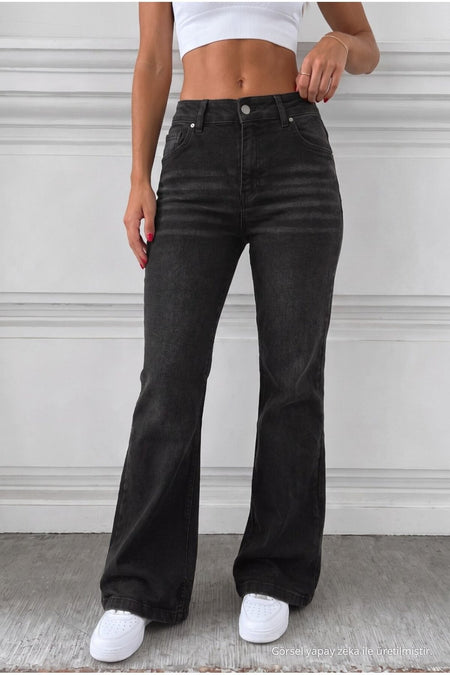 Distressed Wash High Waist Flare/Spanish Denim Jeans with Black Effect - MALLTURK