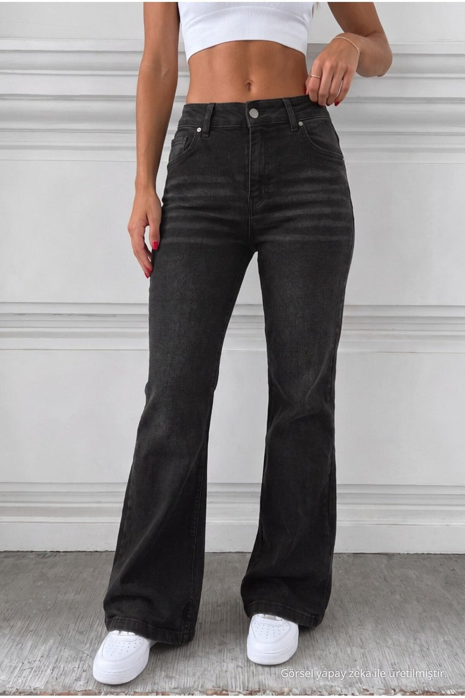 Distressed Wash High Waist Flare/Spanish Denim Jeans with Black Effect - MALLTURK