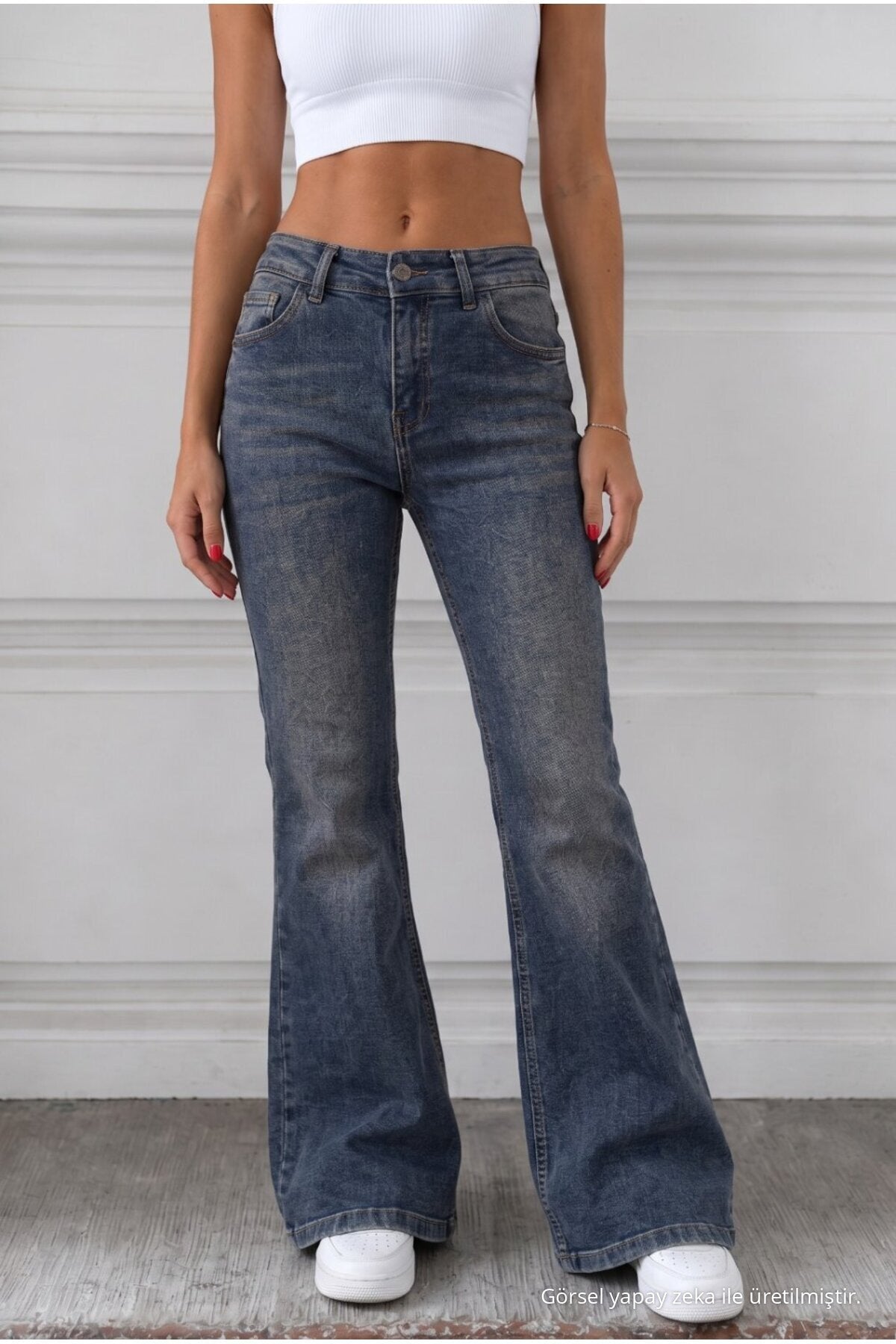 Distressed Wash High Waist Flare/Spanish Jeans Dark Navy - MALLTURK