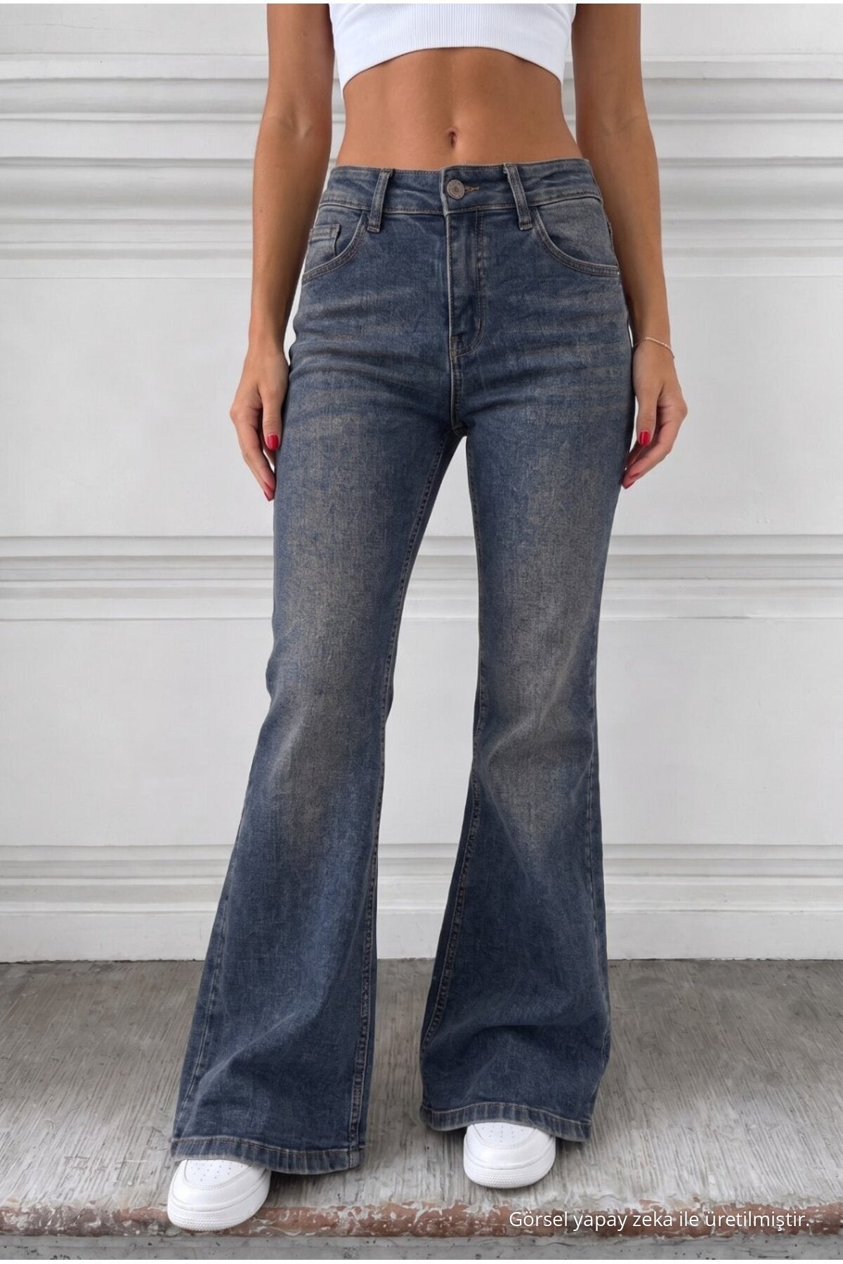 Distressed Wash High Waist Flare/Spanish Jeans Dark Navy - MALLTURK
