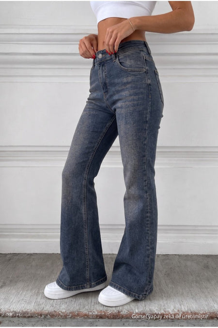 Distressed Wash High Waist Flare/Spanish Jeans Dark Navy - MALLTURK