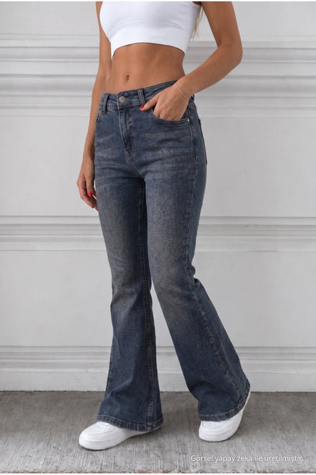 Distressed Wash High Waist Flare/Spanish Jeans Dark Navy - MALLTURK