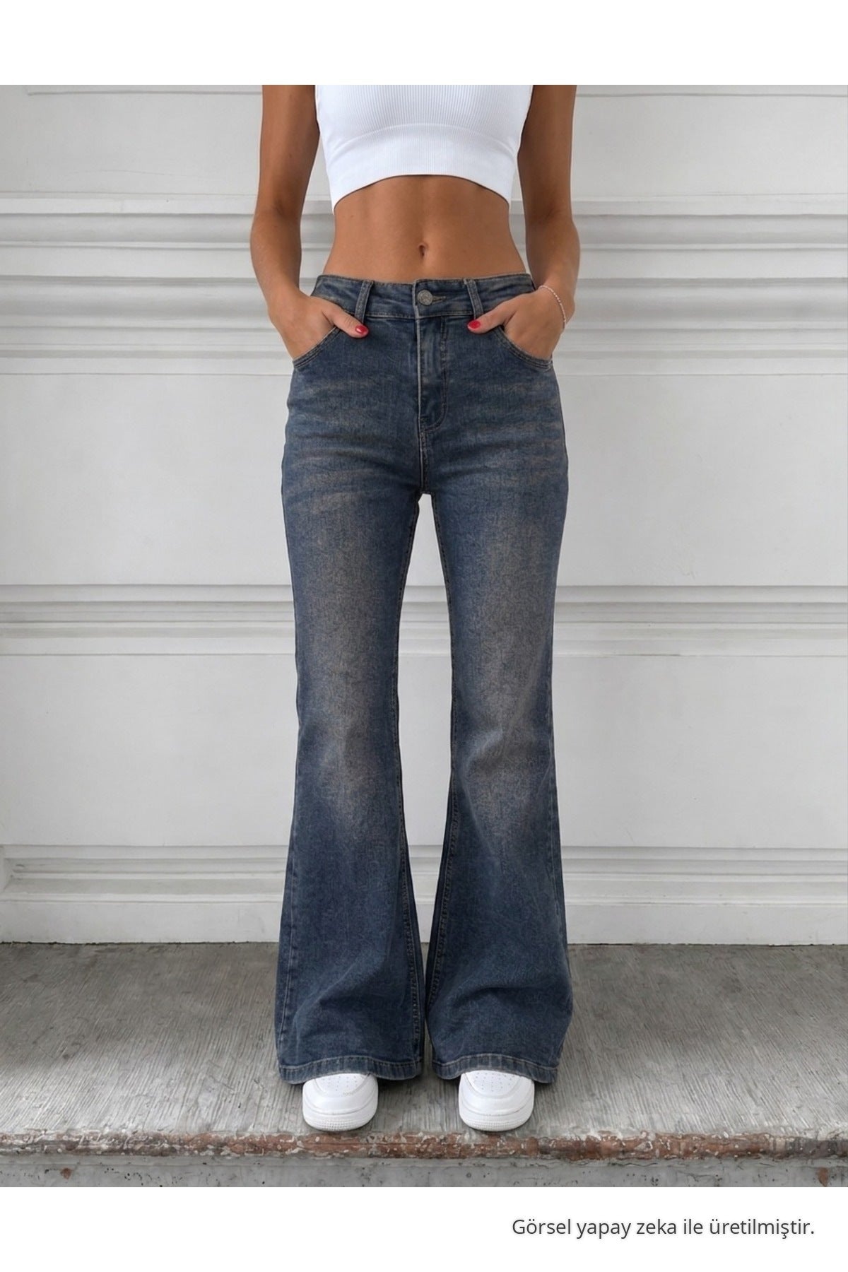 Distressed Wash High Waist Flare/Spanish Jeans Dark Navy - MALLTURK