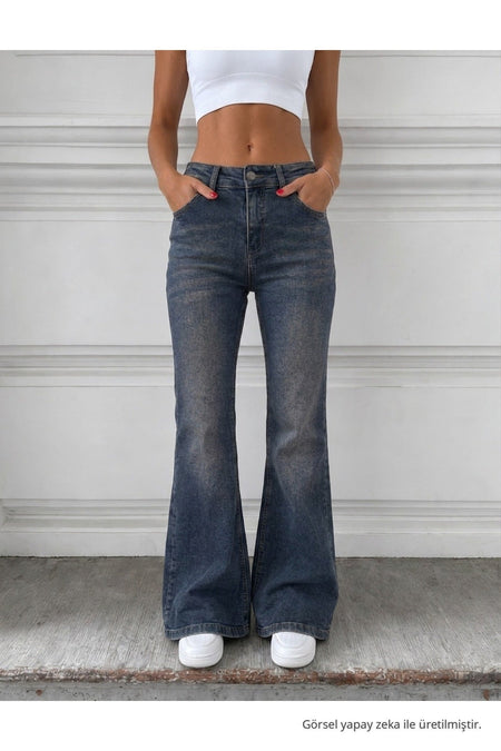 Distressed Wash High Waist Flare/Spanish Jeans Dark Navy - MALLTURK