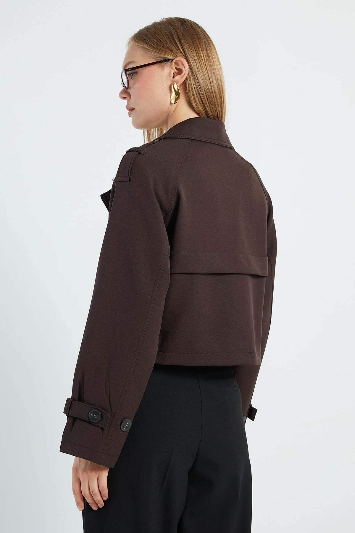 Double-Breasted Collar Double-Pocket Crop Trench Coat - MALLTURK