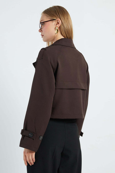 Double-Breasted Collar Double-Pocket Crop Trench Coat - MALLTURK
