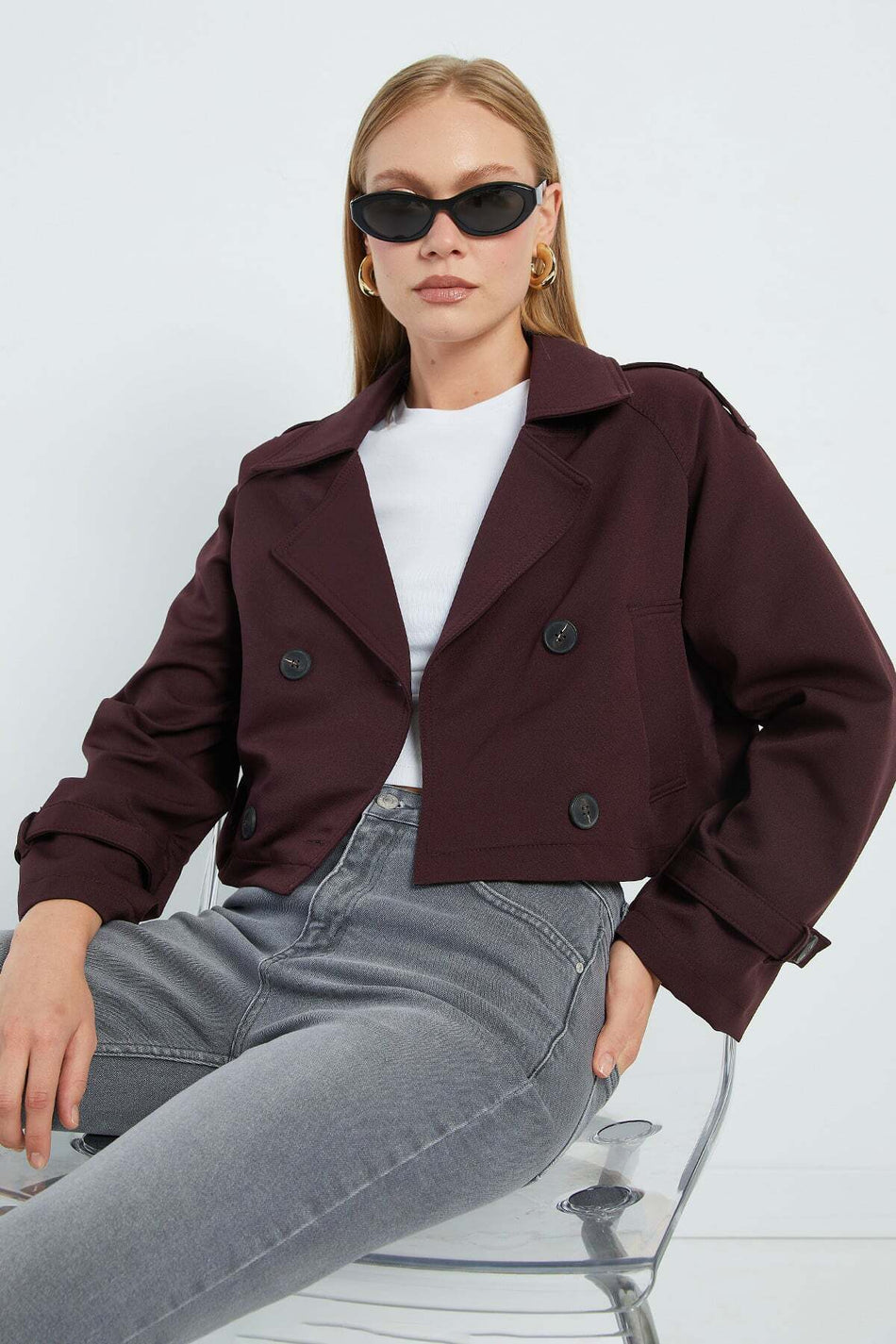 Double-Breasted Collar Double-Pocket Crop Trench Coat - MALLTURK