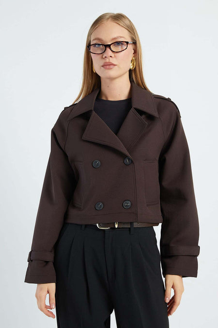 Double-Breasted Collar Double-Pocket Crop Trench Coat - MALLTURK