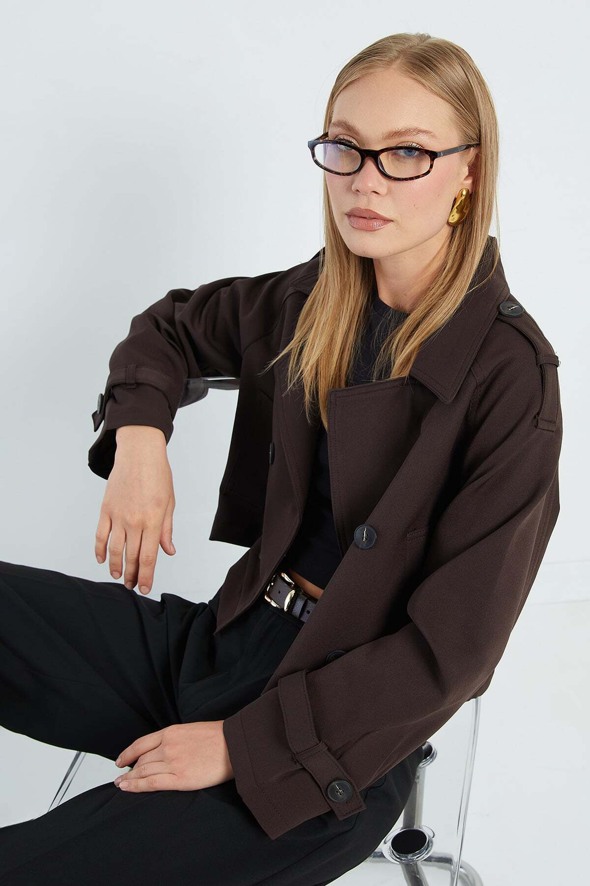 Double-Breasted Collar Double-Pocket Crop Trench Coat - MALLTURK
