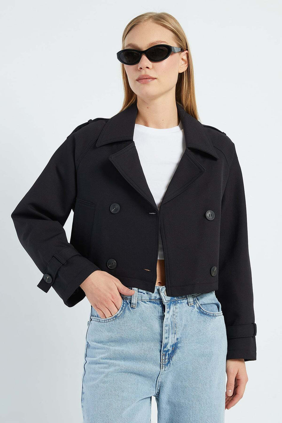 Double-Breasted Collar Double-Pocket Crop Trench Coat - MALLTURK