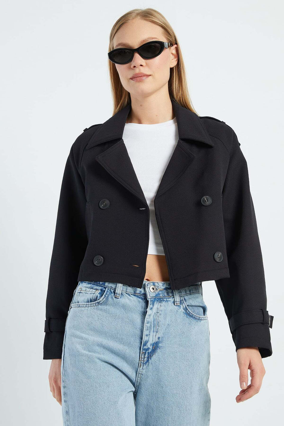 Double-Breasted Collar Double-Pocket Crop Trench Coat - MALLTURK