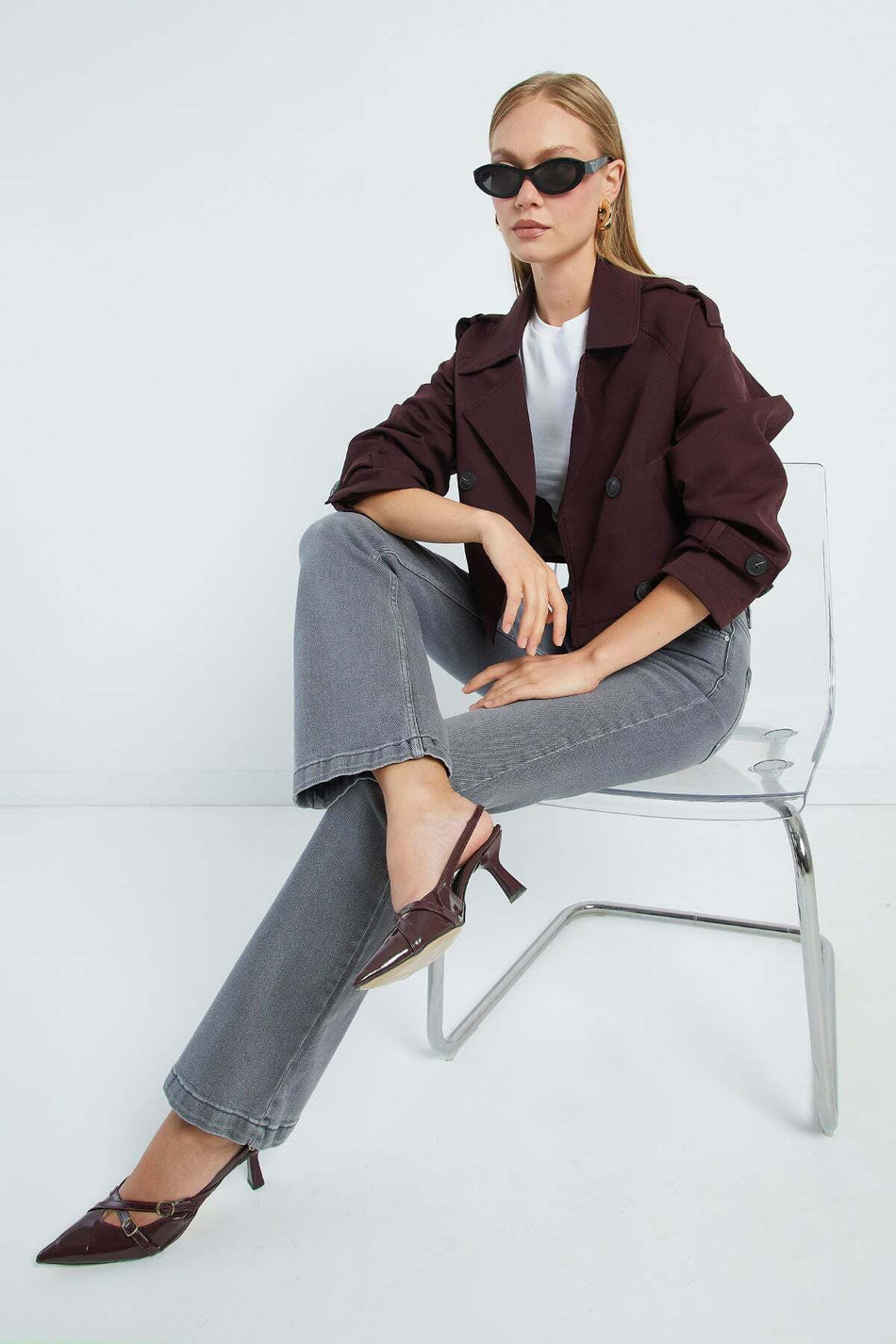 Double-Breasted Collar Double-Pocket Crop Trench Coat - MALLTURK