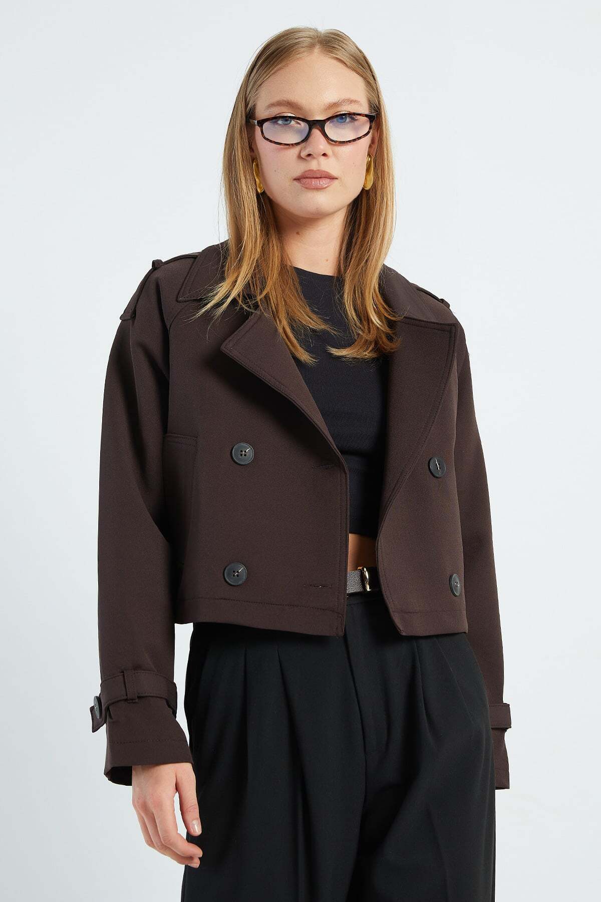 Double-Breasted Collar Double-Pocket Crop Trench Coat - MALLTURK