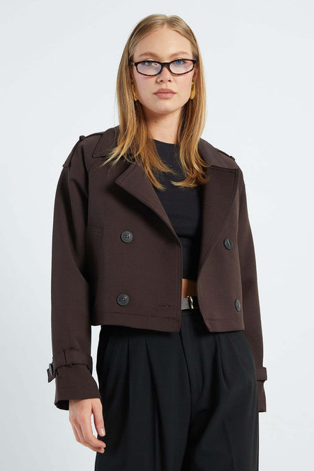 Double-Breasted Collar Double-Pocket Crop Trench Coat - MALLTURK