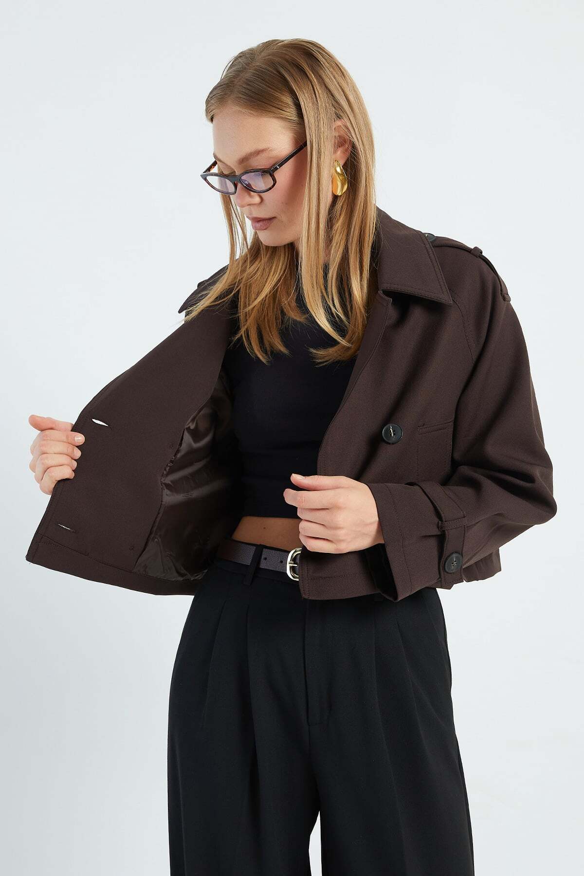 Double-Breasted Collar Double-Pocket Crop Trench Coat - MALLTURK