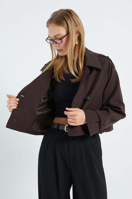 Double-Breasted Collar Double-Pocket Crop Trench Coat - MALLTURK