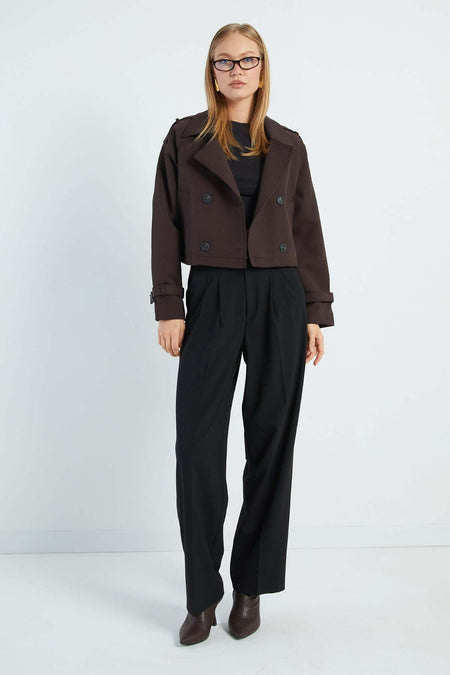 Double-Breasted Collar Double-Pocket Crop Trench Coat - MALLTURK