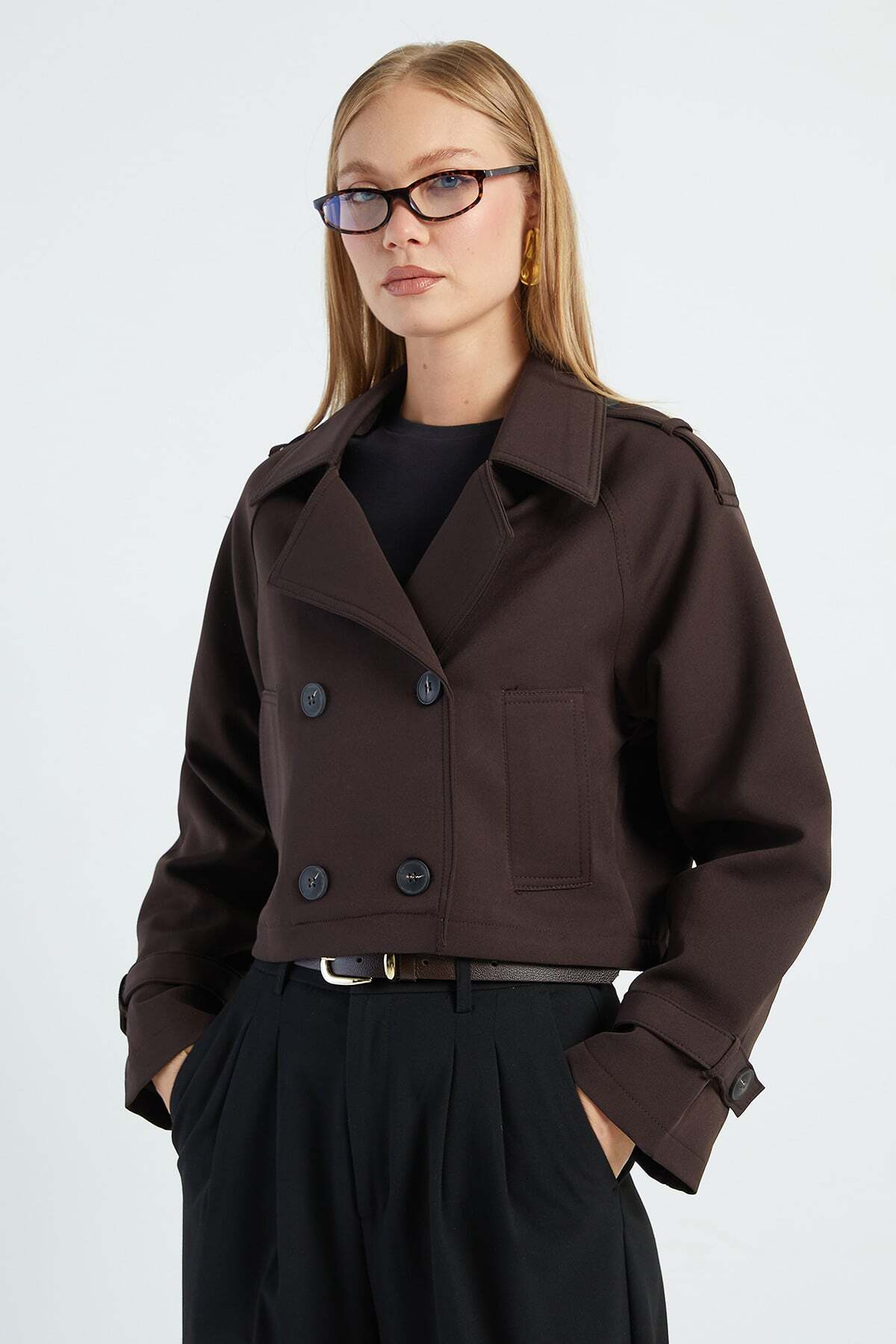 Double-Breasted Collar Double-Pocket Crop Trench Coat - MALLTURK