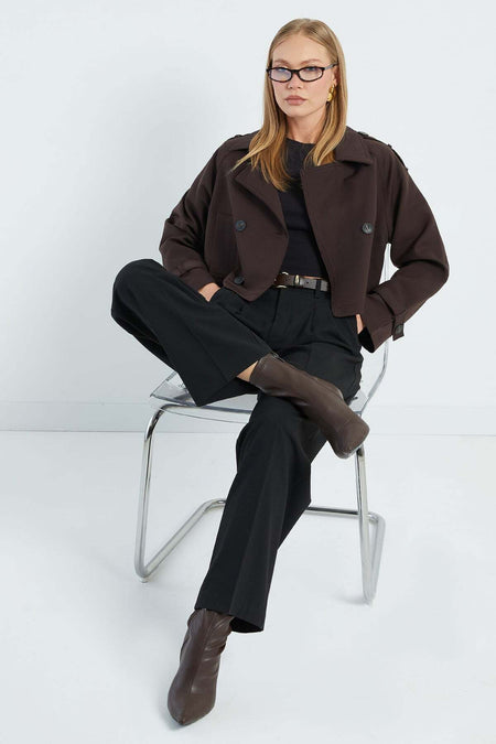 Double-Breasted Collar Double-Pocket Crop Trench Coat - MALLTURK