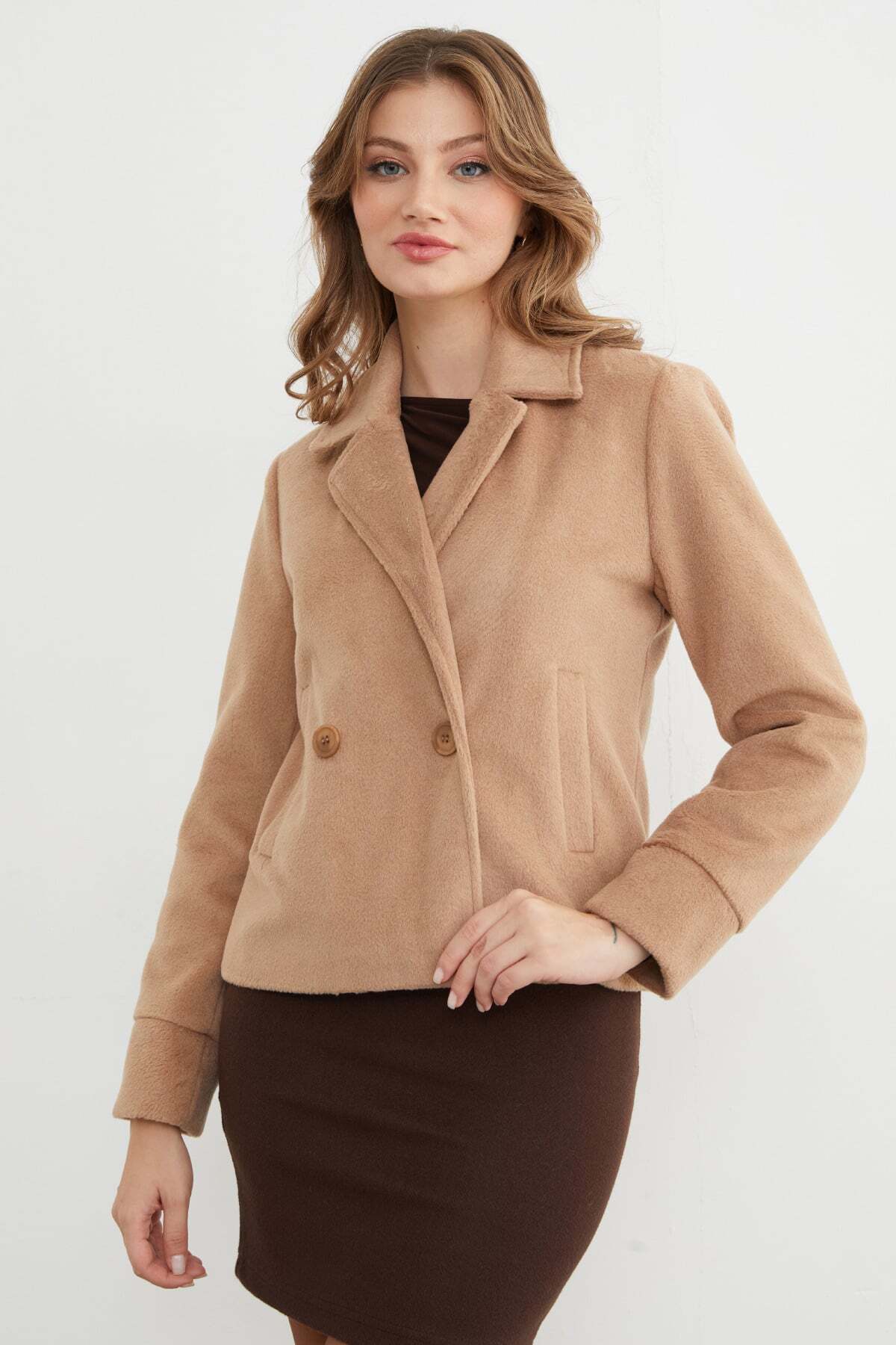Double-Breasted Collar Soft Textured Cashmere Coat with Pockets - MALLTURK
