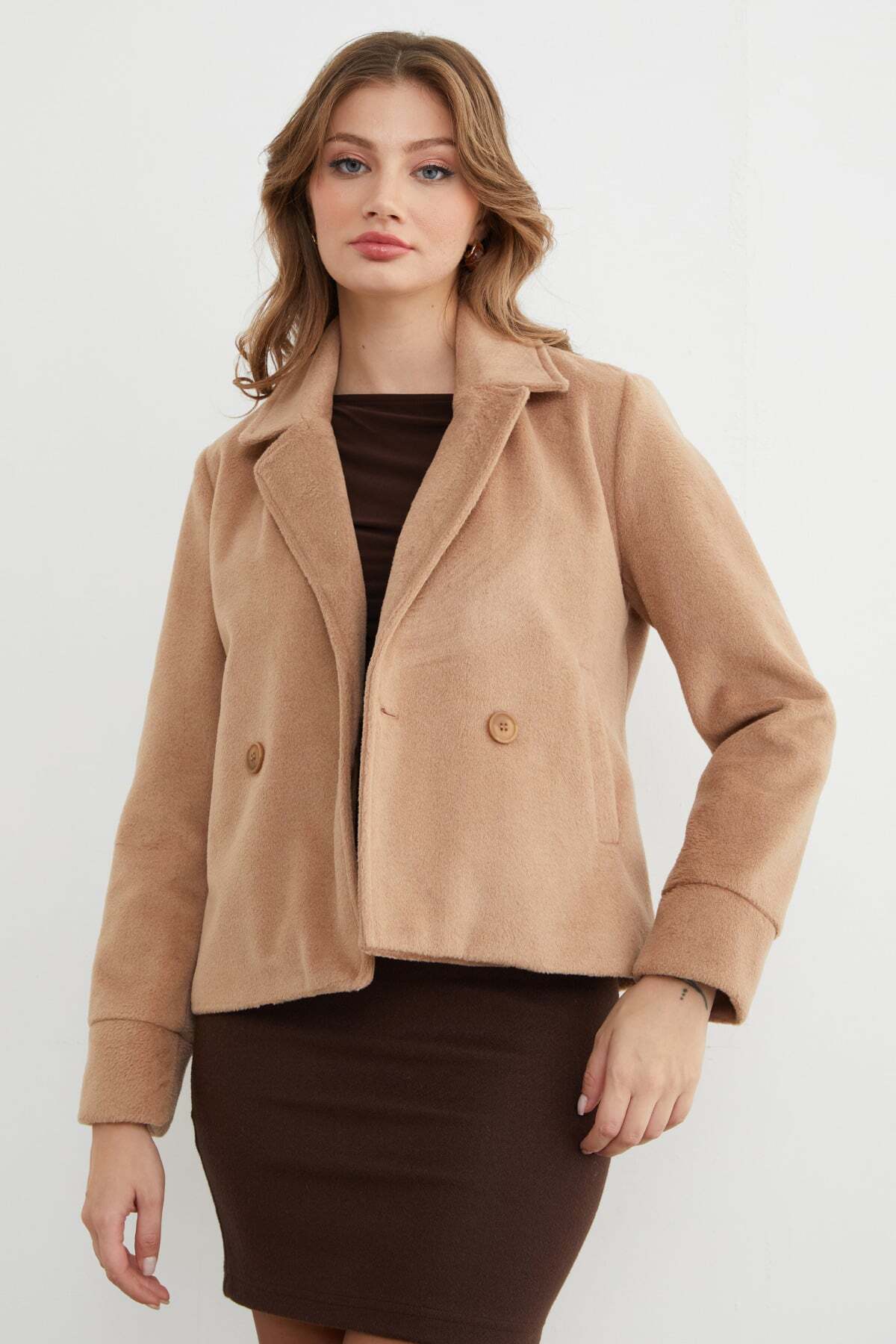 Double-Breasted Collar Soft Textured Cashmere Coat with Pockets - MALLTURK