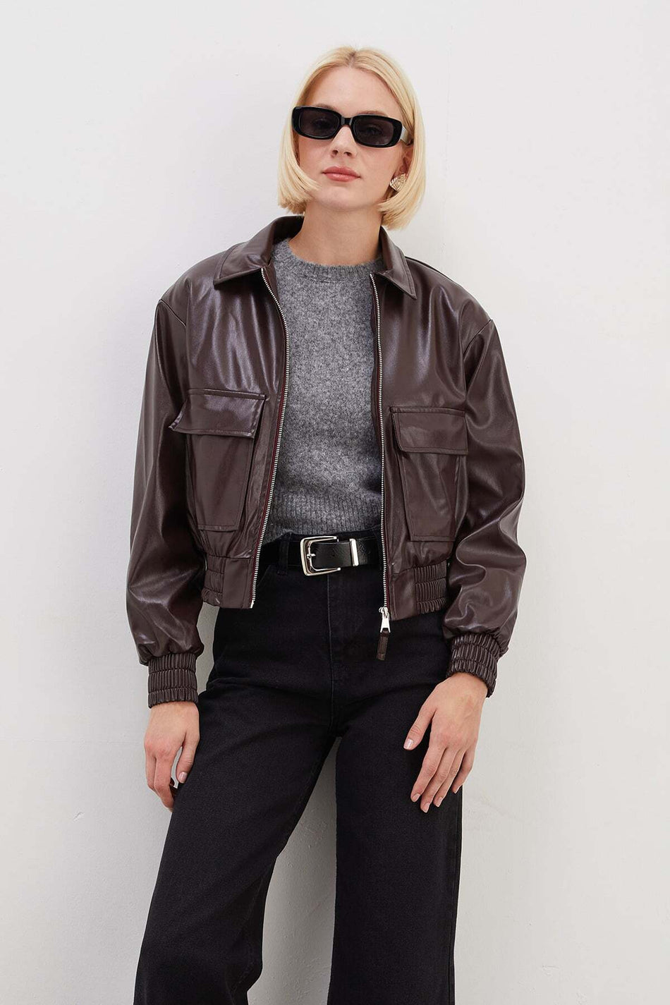 Double Pocket Polo Collar Faux Leather Bomber Jacket - MALLTURK