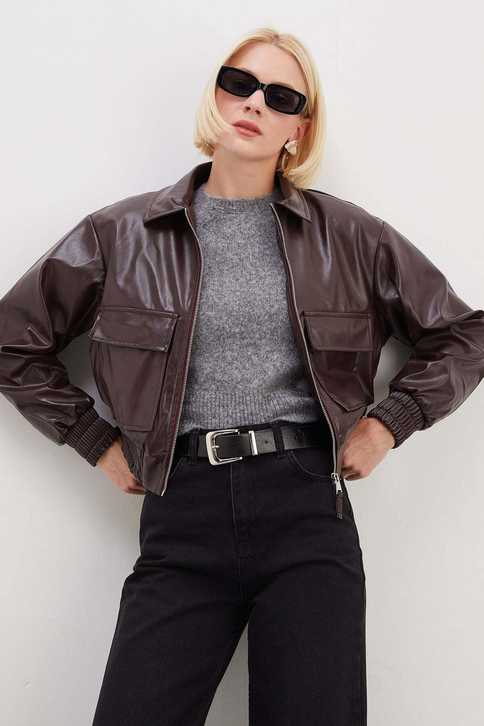 Double Pocket Polo Collar Faux Leather Bomber Jacket - MALLTURK