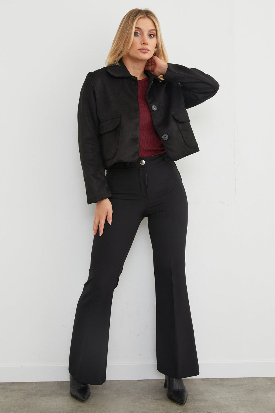 Double Pocket Suede Polo Neck Crop Jacket - MALLTURK