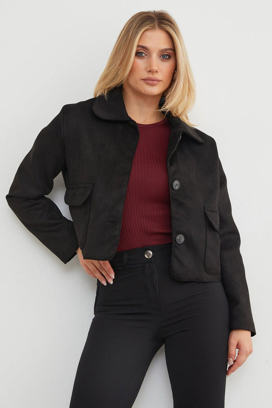 Double Pocket Suede Polo Neck Crop Jacket - MALLTURK