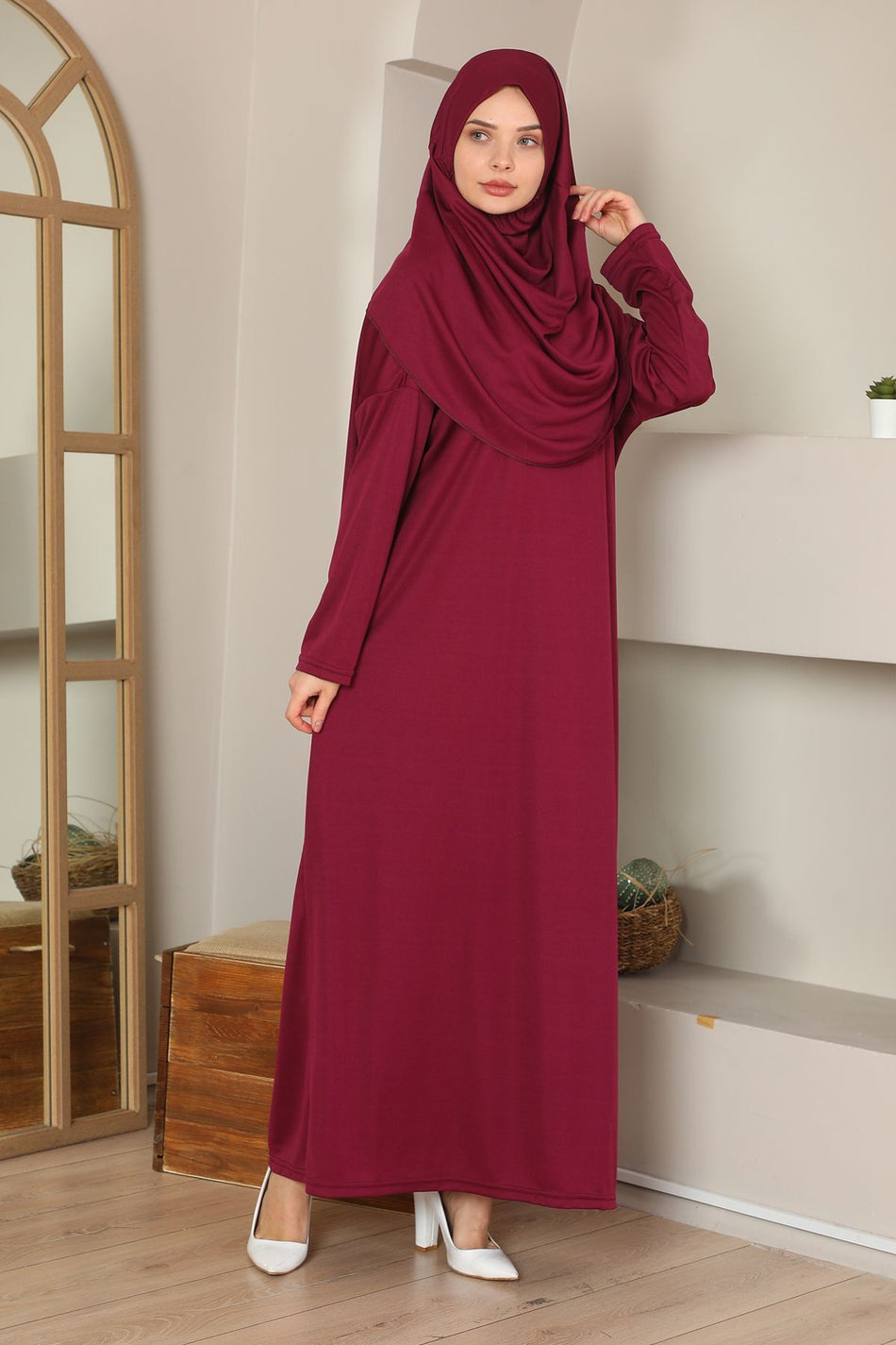 Easy to Wear One-Piece Prayer Dress Claret Red - MALLTURK