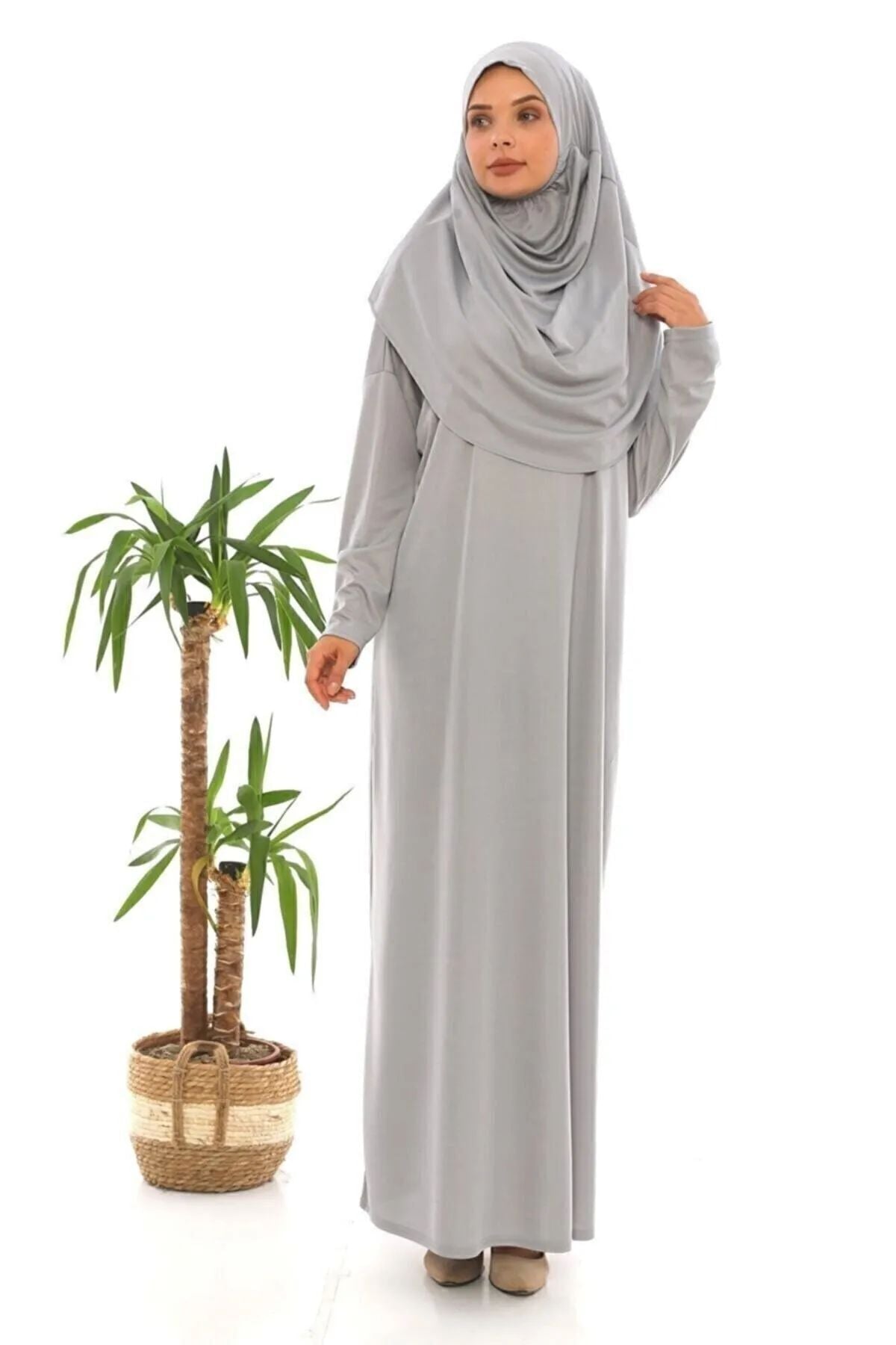 Easy to Wear One Piece Prayer Dress Silver Gray - MALLTURK