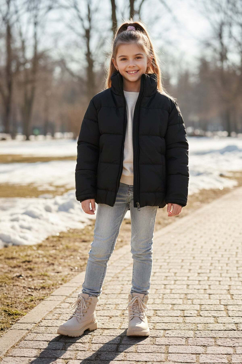 Elastic Waist Crop Girl's Puffer Jacket - MALLTURK