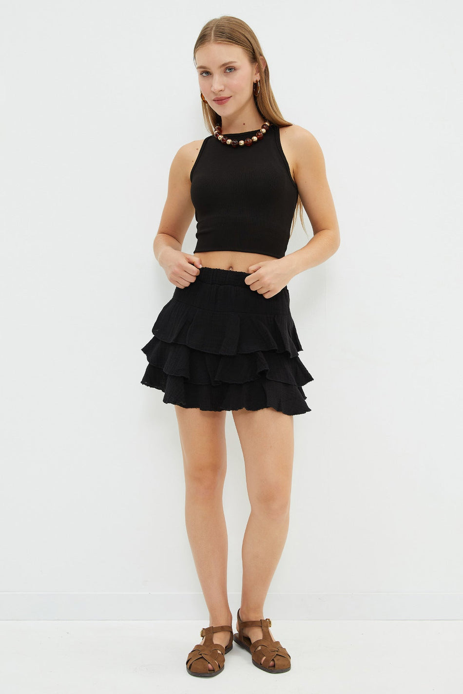 Elastic Waist Muslin Fabric Mini Length Short Skirt - MALLTURK