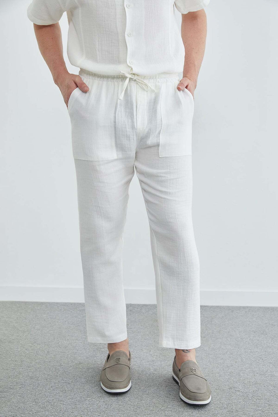 Elastic Waist Muslin Fabric Trousers - MALLTURK