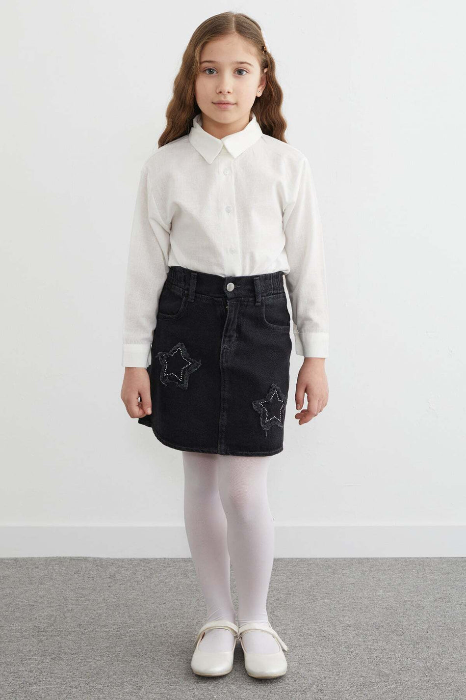 Elastic Waist Star Embroidered Stoned Girls' Jean Skirt - MALLTURK