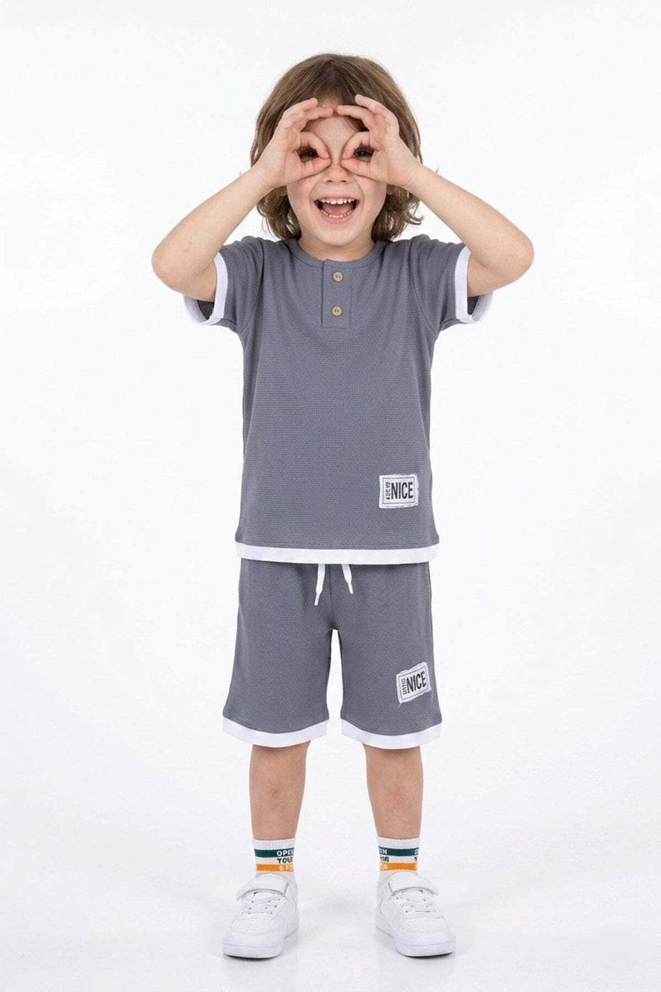 Emblem Honeycomb Fabric Piping Boys' 2-Piece Set - MALLTURK