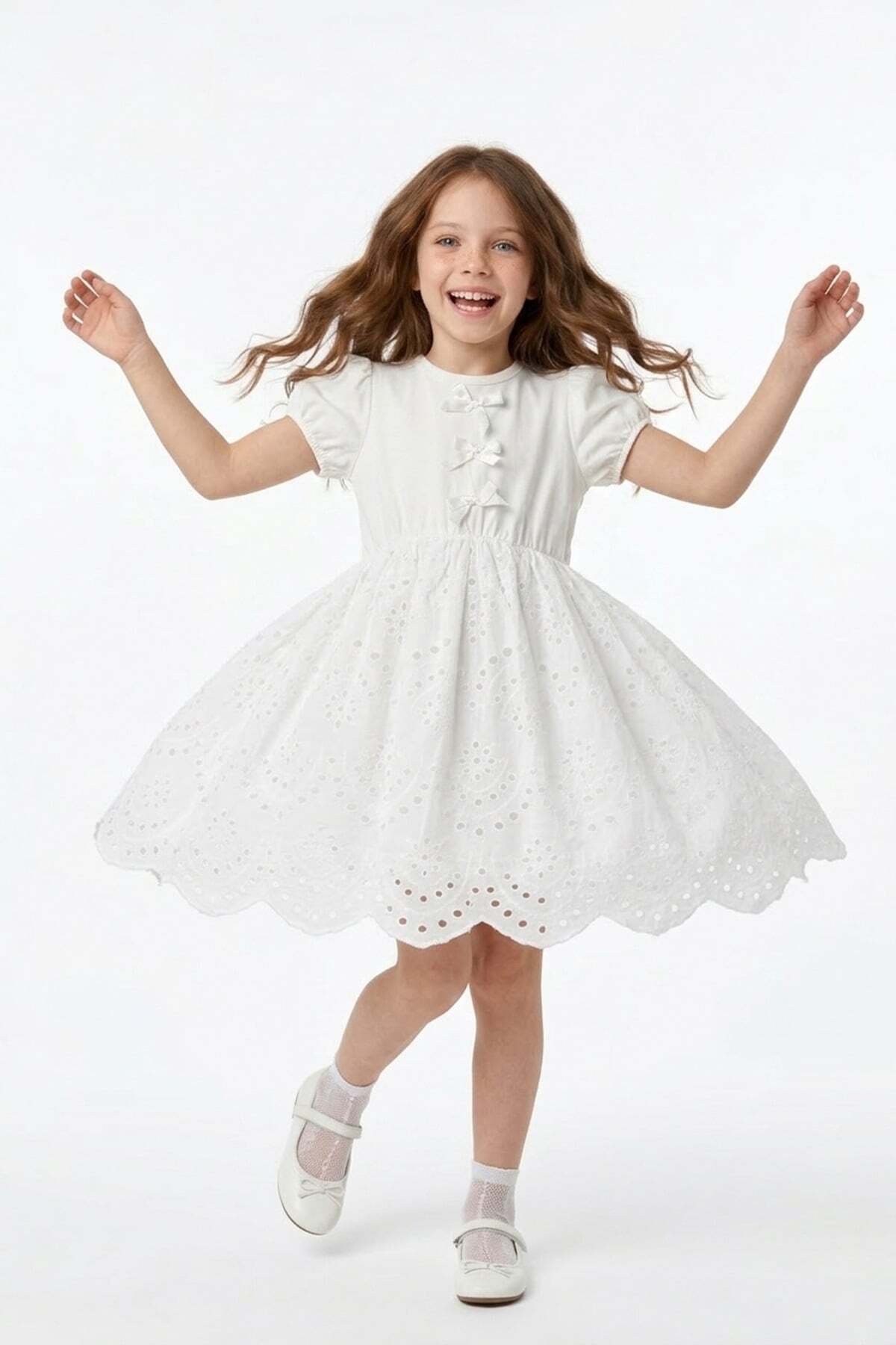 Embroidered Detailed Bowknot Girl's Dress - MALLTURK